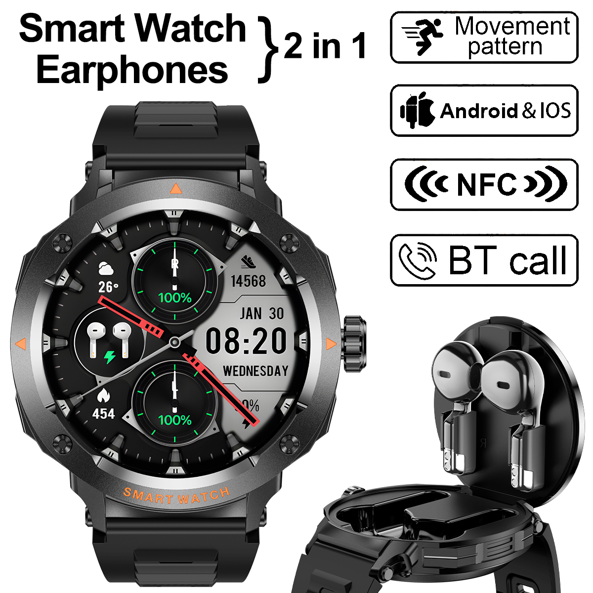 NFC Smart Watch Wireless Earph – обзор и цена Earbuds Charging Case